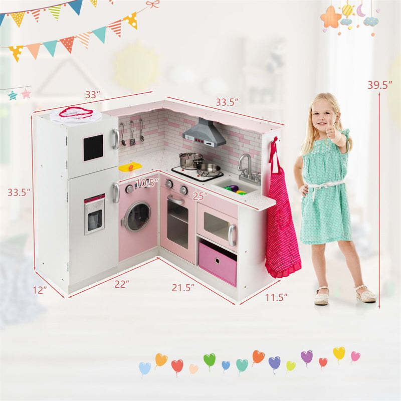 Pink Kids Corner Kitchen Playset, Wooden Pretend Play Kitchen Toy Set with Lights, Washer, Range Hood, Microwave, Oven, Utensils, Apron & Chef Hat