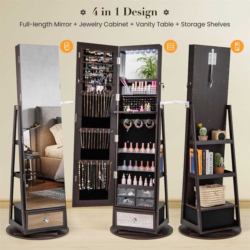 360° Swivel Jewelry Cabinet Armoire, Full-Length Mirror with LED Lockable Jewelry Organizer, Hairdryer Holder, Drawer, Rear Storage Shelves