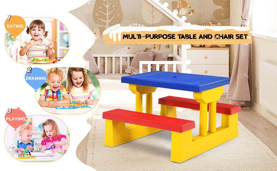 Portable Kids Picnic Table Bench Set Indoor & Outdoor Table Chair Set with Removable Umbrella