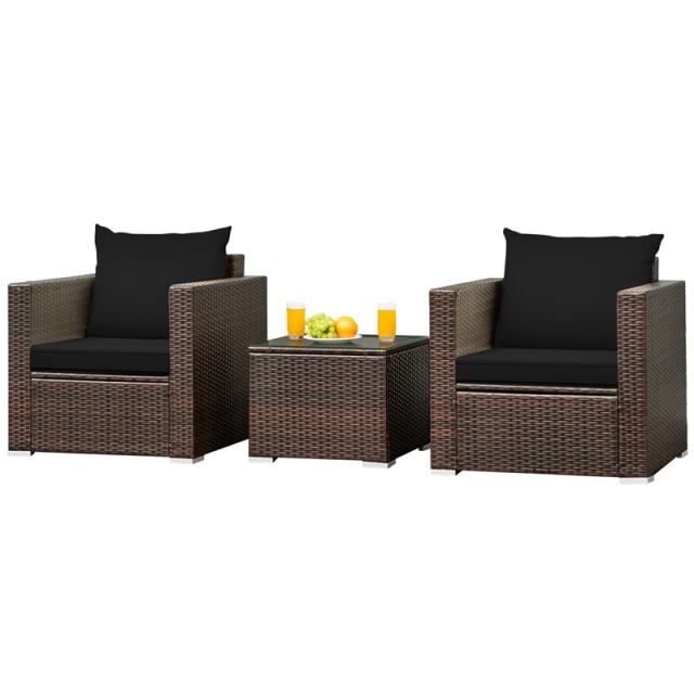 3 Piece Patio Conversation Set, Outdoor Rattan Sofa Furniture Set with Washable Cushions & Tempered Glass Coffee Table for Poolside Backyard