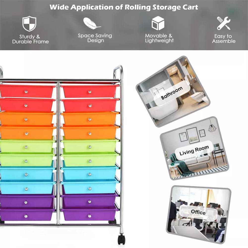Storage Drawer Cart, 20-Drawer Rolling Cart Organizer with Lockable Wheels, Mobile Utility Cart for Office School Art Craft Supplies