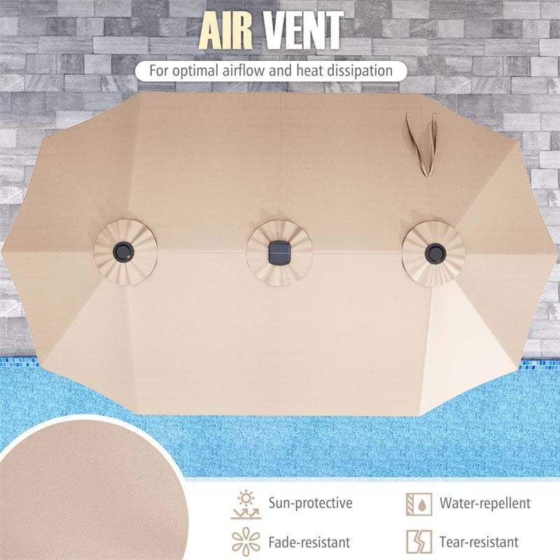 15.5FT Extra Large Patio Umbrella with 144 Solar LED Lights & Crank Handle, 12 Heavy-Duty Ribs Double-Sided Market Umbrella for Deck, Poolside