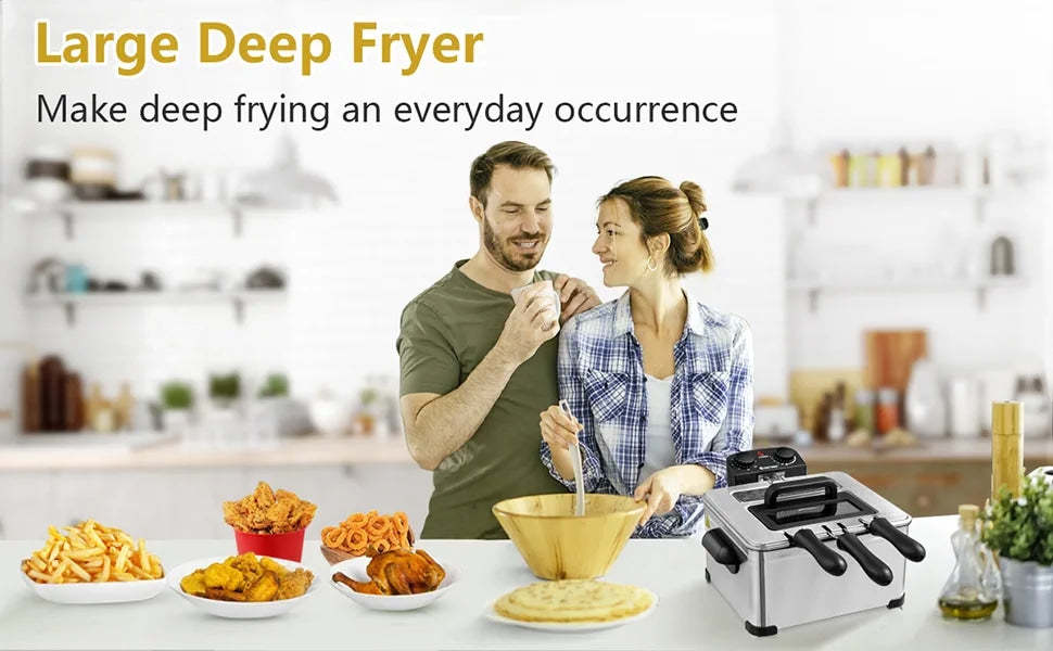 1700W Electric Deep Fryer 5.3QT/21-Cup Stainless Steel Fryer with Heating Element & Triple Basket