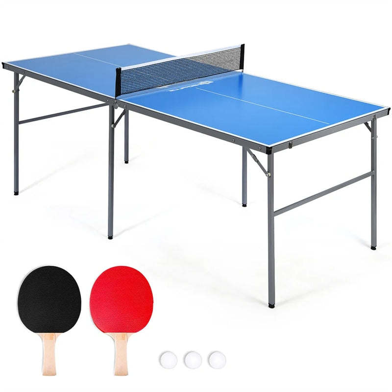 Foldable Ping Pong Table, 6’ x 3’ Portable Table Tennis Table with Net, 2 Table Tennis Paddles & Balls for Indoor Outdoor Game, 100% Preassembled