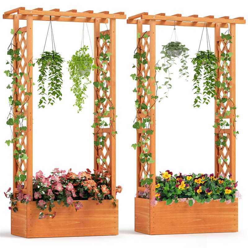 Raised Garden Bed with 2-Sided Trellis, Hanging Roof, Drainage Holes, Indoor/Outdoor Wood Planter Box for Climbing Plants, Vines, Flowers