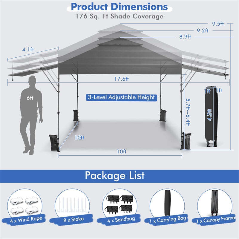 10'x17.6' Pop-up Canopy Tent with Adjustable Dual Awnings & Wheeled Bag, 2-Tier Outdoor Instant Canopy Tent, Easy Setup for Patio Market Picnic