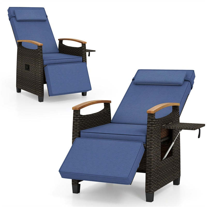 Outdoor Wicker Recliner Chair with Adjustable Backrest, Footrest, Flip Side Table & Cushion, Patio Rattan Chaise Lounge for Backyard Porch