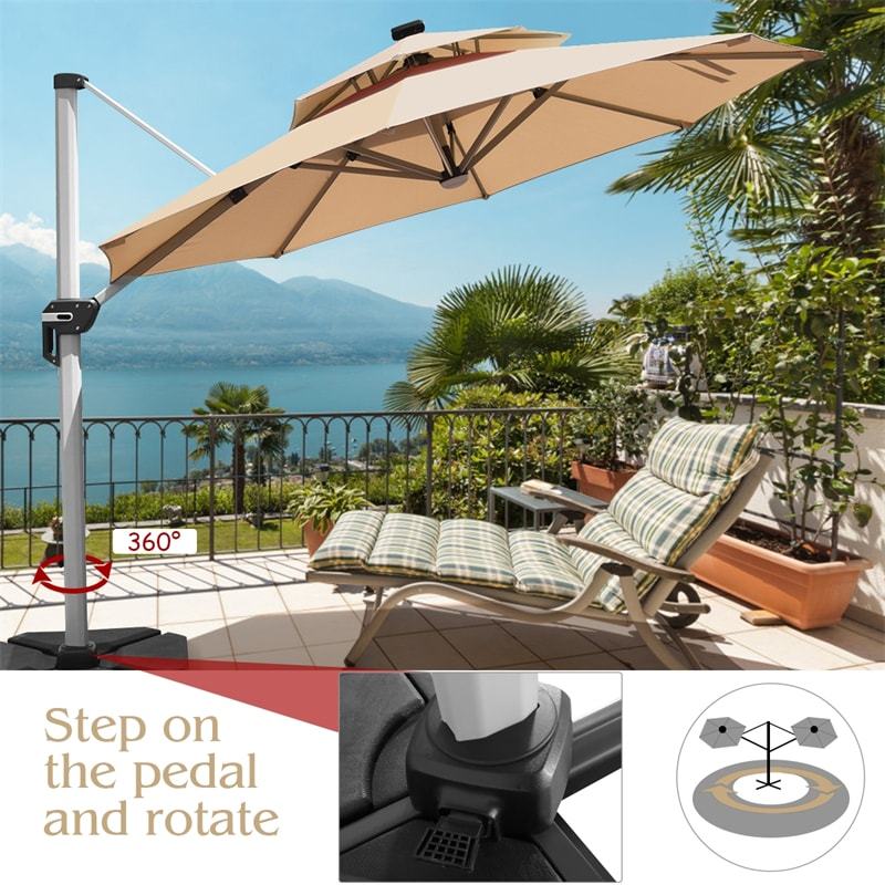 10ft Double Top Solar LED Cantilever Offset Hanging Patio Umbrella without Weight Base
