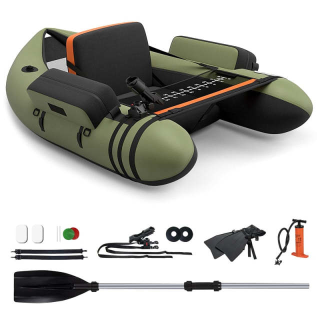 Fishing Float Tube, Inflatable Fishing Boat with Pump, Paddle, Fish Ruler, Flippers, Storage Pockets, Portable Backpack Belly Boat, Holds 350LBS