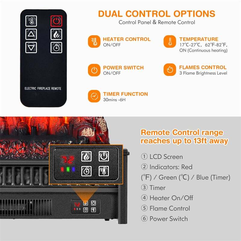 1400W Electric Fireplace Log Heater, Realistic Ember Bed Insert with Remote Control, Adjustable Flame Brightness & Temperature, Overheat Protection