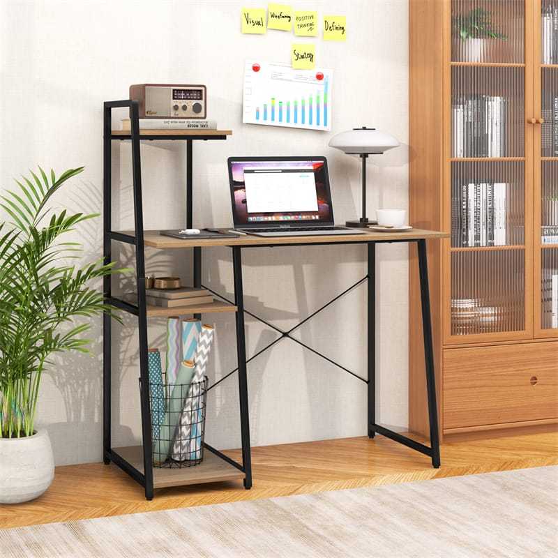 Computer Desk 47.5” Home Office Desk with Side Bookshelf & Host Stand, Metal Frame PC Laptop Workstation Study Writing Desk for Small Spaces