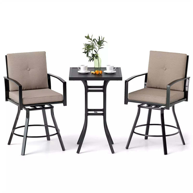 3-Piece All-Weather Metal Patio Bar Set, Outdoor 360° Swivel Bar Stools & Table with Removable Cushions & Umbrella Hole for Poolside, Deck, Backyard