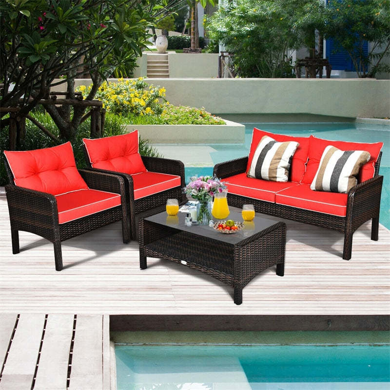 4 Piece Outdoor Wicker Furniture Set Rattan Patio Conversation Set with Coffee Table & Cushions