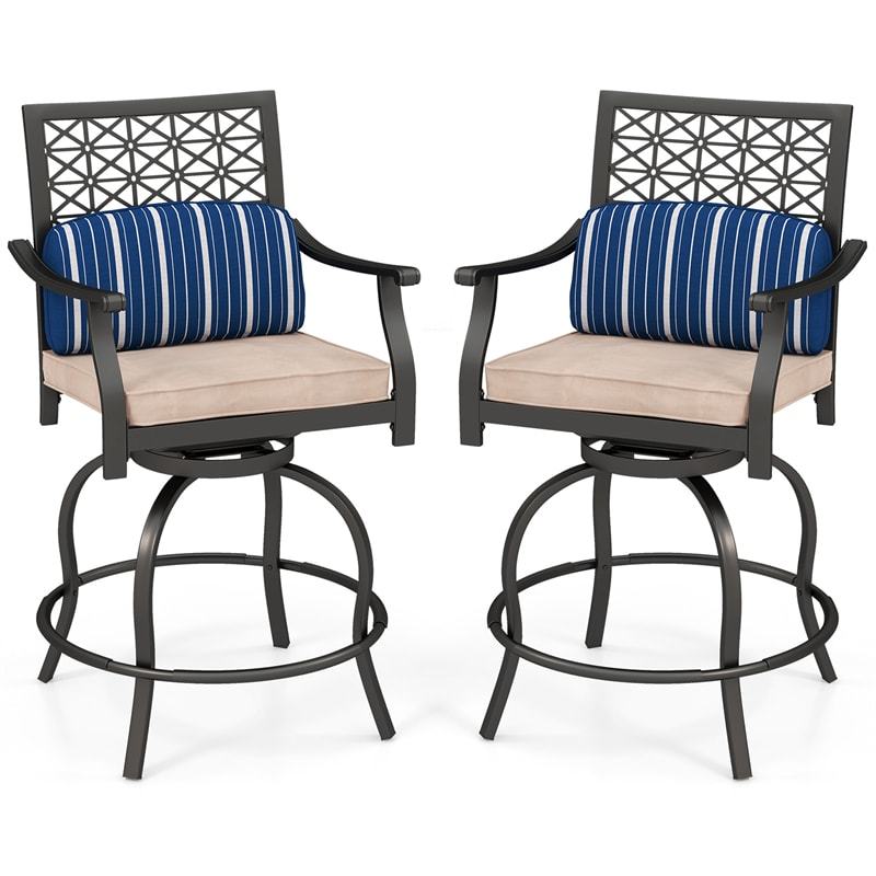 Outdoor Swivel Bar Stools Set of 2, Heavy Duty Metal Counter Height Patio Chairs with Soft Cushions, Lumbar Pillows & Cozy Armrests for Backyard