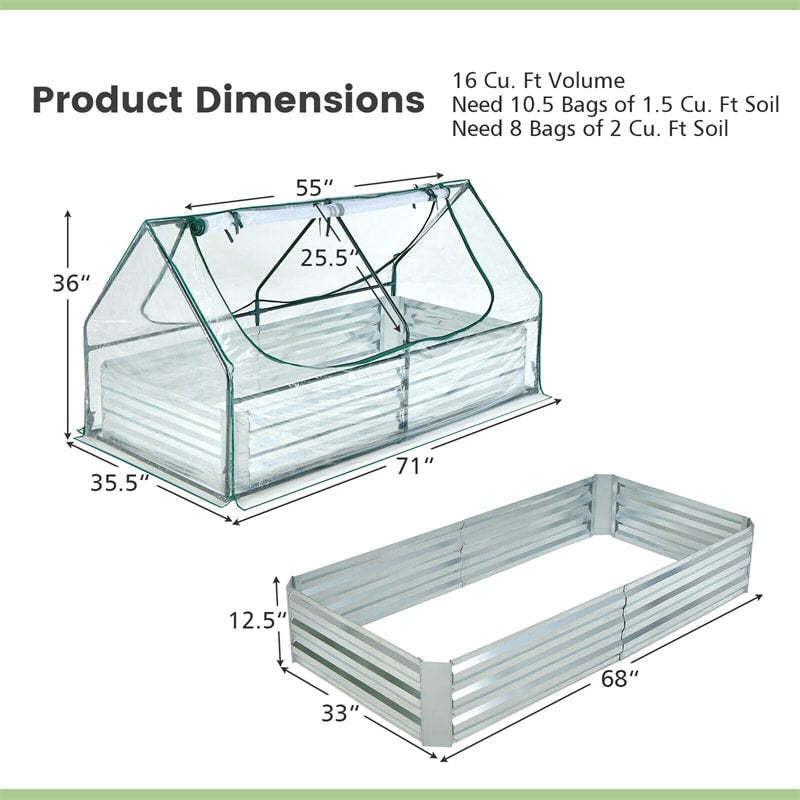 Galvanized Steel Raised Garden Bed with Greenhouse, PVC Cover & 2-Tier Roll-Up Windows, Bottomless Planter Box for Veggies, Flowers, Herbs