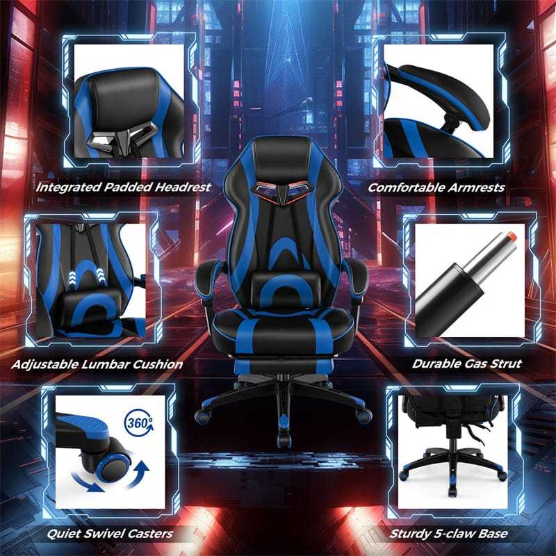 E-Sports Gaming Chair Ergonomic Racing Style Office Computer Chair Height Adjustable Reclining Video Game Chair with Lumbar Support & Retractable Footrest