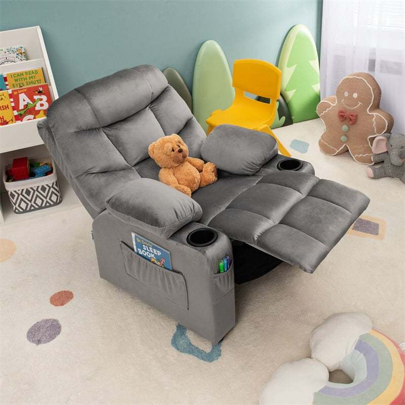 Kids Recliner Chair, Adjustable Velvet Recliner with Footrest, 2 Cup Holders & Side Pockets, Ergonomic Toddler Recliner Sofa for Boys Girls Room