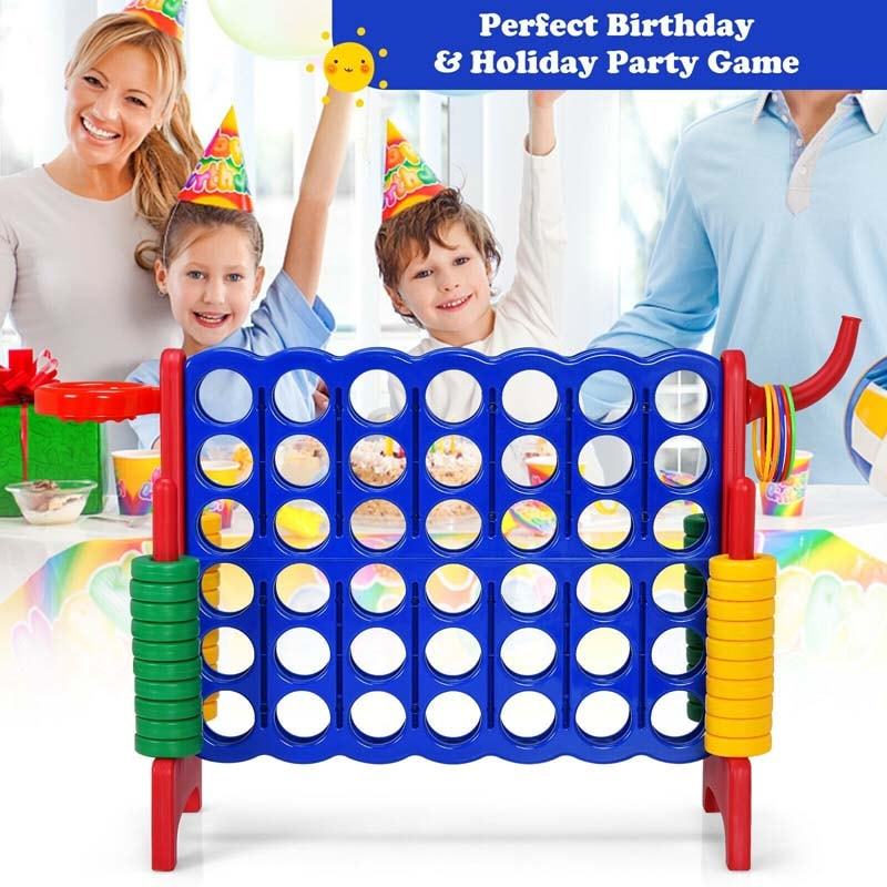 Giant 4-in-A-Row Game Set, Jumbo 4-to-Score Lawn Game with Basketball Hoop, 42 Rings, Quick-Release Slider for Kids & Adults, Indoors Outdoors