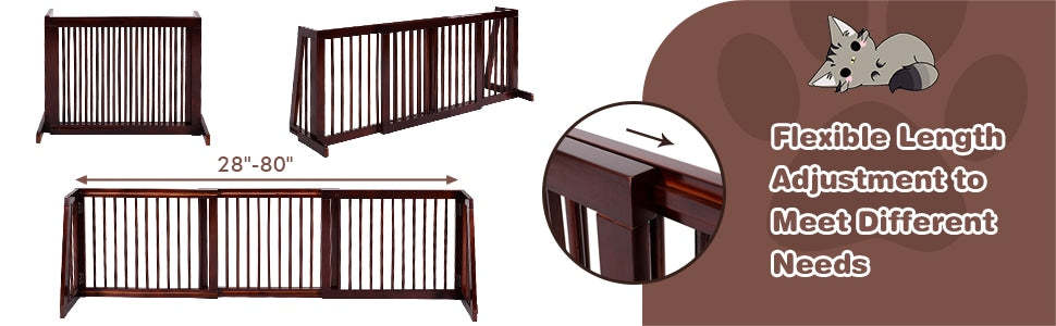 Freestanding Pet Gate Expandable Wood Dog Gate 28''- 80'' Adjustable Step Over Pet Fence for Indoor