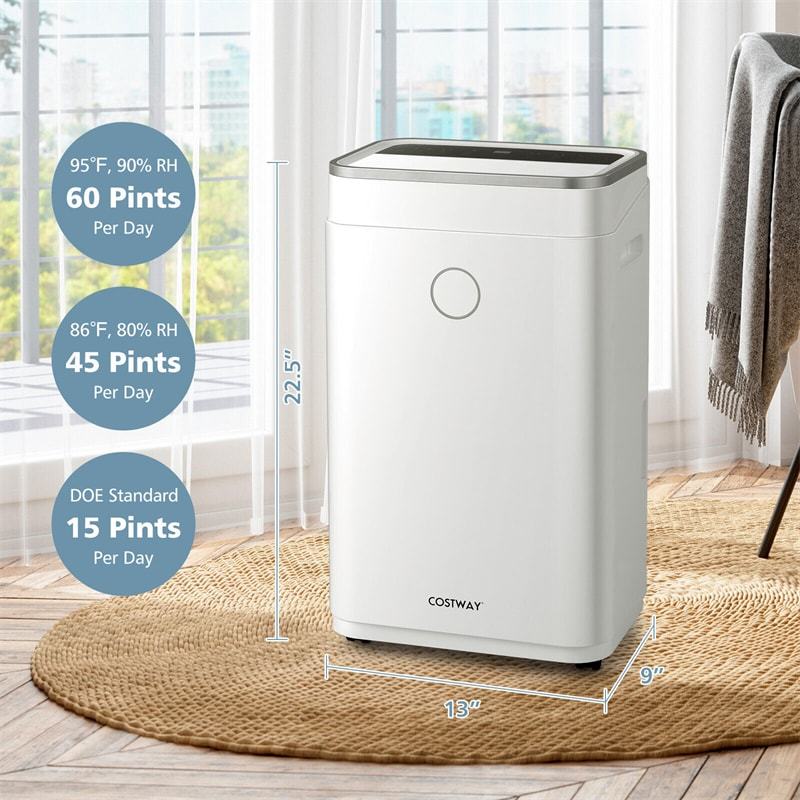 4000 Sq. Ft 60-Pint Portable Dehumidifier for Home & Basements with 3-Color Digital Display & Auto Manual Drainage