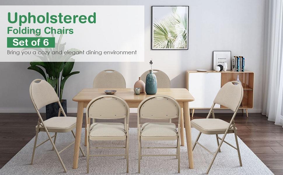 6 PCS Folding Chairs Portable Chairs Fabric Upholstered Seat Backrest with Handle Hole & Metal Frame for Home Office
