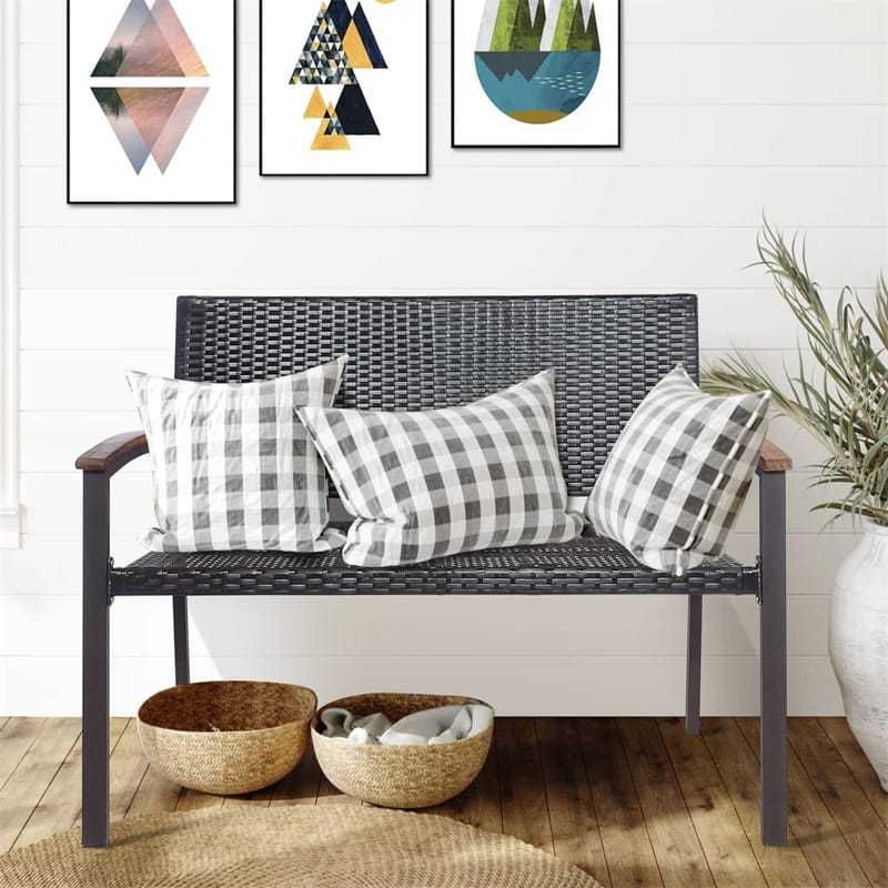2-Pack Outdoor Stackable Bench Rattan Patio Bench All-Weather PE Wicker Garden Loveseat Chair Steel Frame with Acacia Wood Armrest