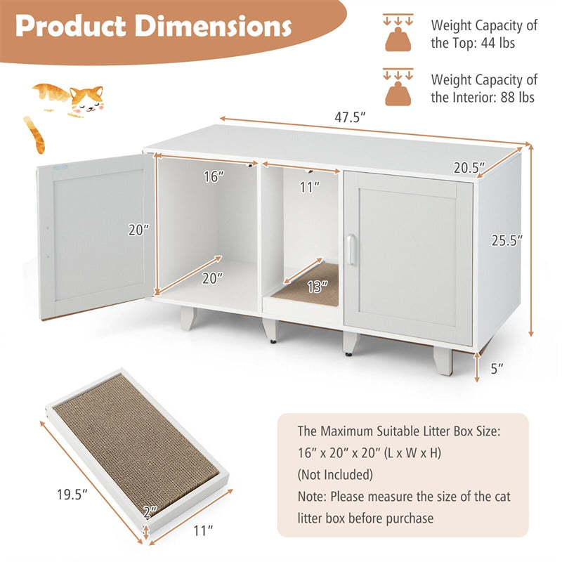 Double Cat Litter Box Enclosure, Large Hidden Cat Washroom Furniture with 2 Cabinets & Scratching Board, Cat House TV Stand Side Table