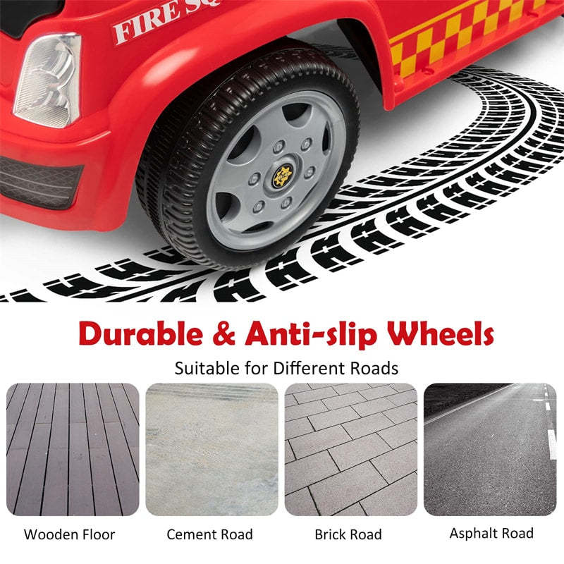 Kids Ride On Fire Truck Foot-to-Floor Sliding Push Car for Toddlers with Ladder Bubble Maker Headlights Music