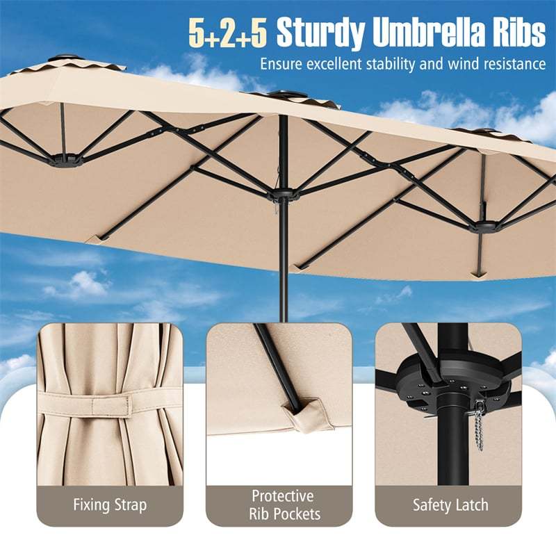 15.5FT Extra Large Patio Umbrella with 144 Solar LED Lights & Crank Handle, 12 Heavy-Duty Ribs Double-Sided Market Umbrella for Deck, Poolside