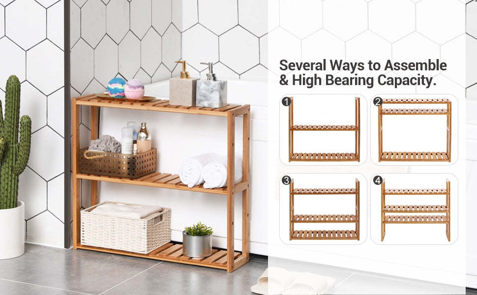 Multifunctional 3-Tier Bamboo Shelf Adjustable Utility Storage Stand Rack