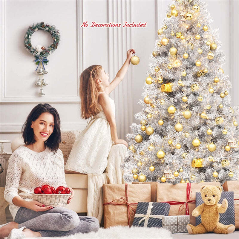7.5FT Silver Artificial Christmas Tree Unlit Hinged Full Tree with Metal Stand, Electroplated Technology for Indoor Outdoor Holiday Decor
