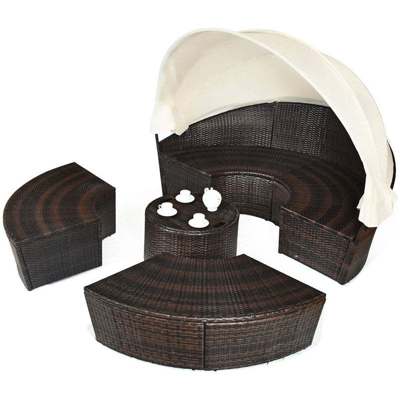 Round Patio Rattan Daybed with Retractable Canopy, Adjustable Coffee Table & Cushions, Outdoor Wicker Sectional Sofa for Poolside, Backyard