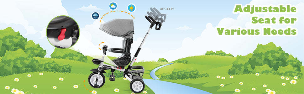 7 in 1 Folding Kids Tricycle Toddler Bike Stroller with Adjustable Canopy Removable Push Handle Rotatable Seat