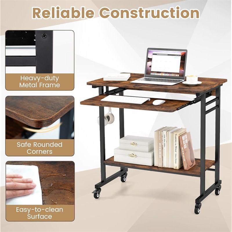 Rolling Computer Desk Cart, Mobile Laptop Desk with Keyboard Tray & CPU Stand, Industrial Small Desk on Wheels for Small Spaces, Home Office, Bedroom