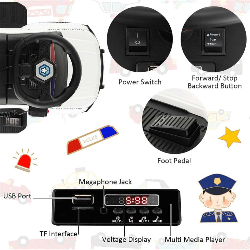 Kids Ride on Push Car 6V Electric Toddler Foot-to-Floor Police Push Car with Megaphone Lights Siren & Under Seat Storage