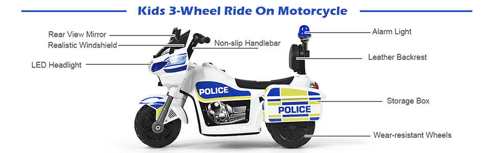 6V 3-Wheel Battery Powered Kids Ride On Police Motorcycle