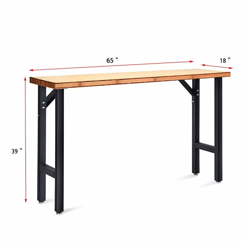 65" Bamboo Top Workbench, Heavy-Duty Steel Work Table for Garage with Triangle Reinforcement, Easy Assembly Hardwood Workstation