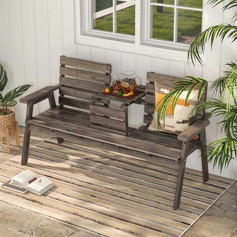 Outdoor Fir Wood Bench with Foldable Middle Table, 710lbs Capacity, 2-3 Person Garden Bench with Backrest & Armrests, Slatted Seat Bench for Porch