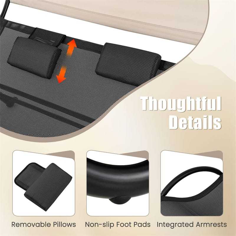 2 Person Lounge Chair with Sunshade Canopy, Large Outdoor Double Chaise Lounge Hammock Sunbed Chair Garden Sun Lounger with Removable Pillows & Wheels