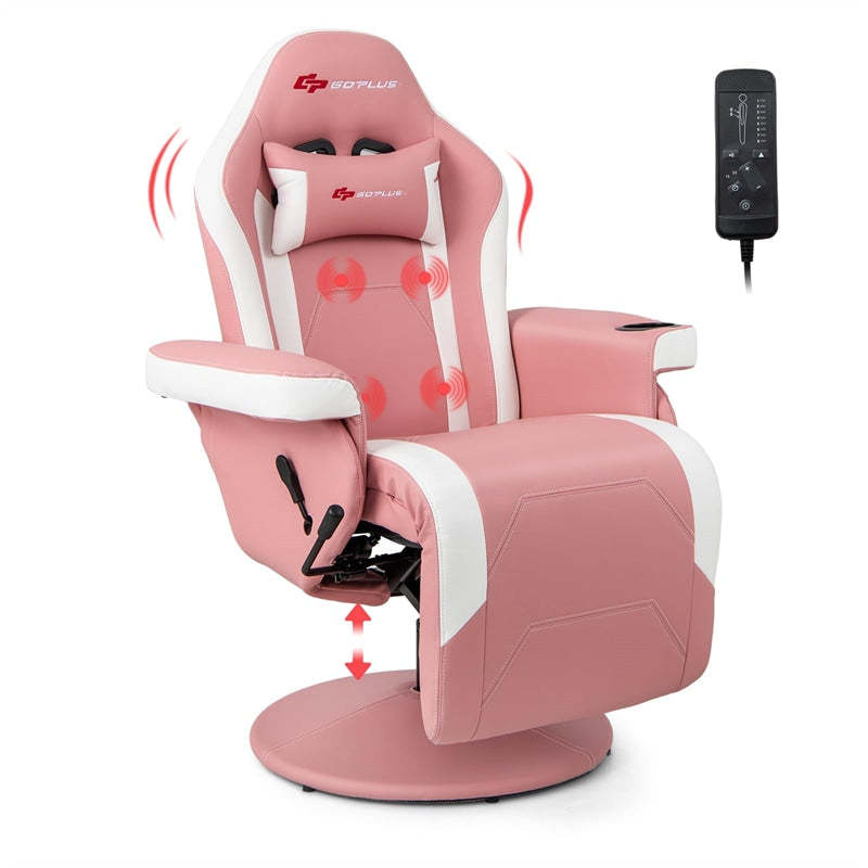 Gaming Recliner Adjustable Height Massage Gaming Chair with Retractable Footrest & Cup Holder, Ergonomic Swivel Video Game Chair Recliner Sofa