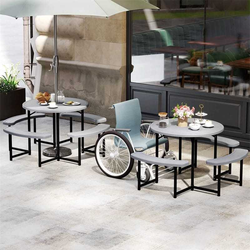 8 Person Round Outdoor Picnic Table Bench Set with Umbrella Hole, HDPE Tabletop, Metal Frame & 2000lbs Capacity for Patio, Garden, Lawn
