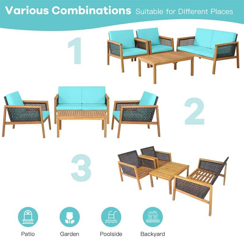 4-Piece Acacia Wood Outdoor Furniture Set, Rattan Patio Sofa with Cushions & Coffee Table, PE Wicker Conversation Set for Garden & Backyard