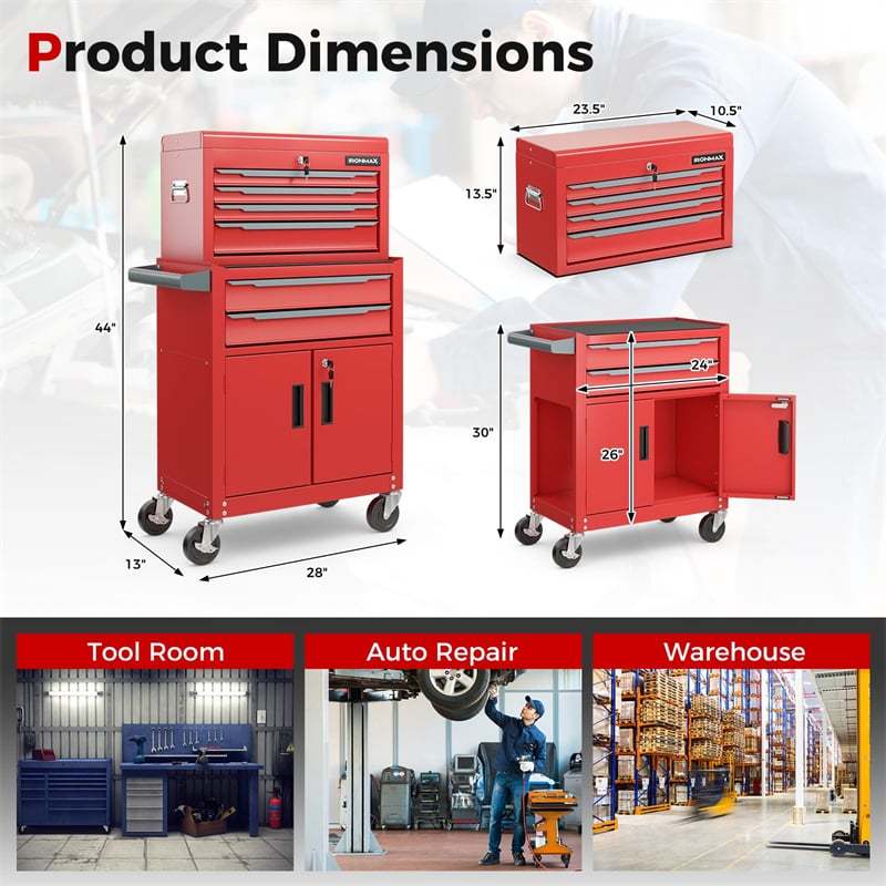 6-Drawer Rolling Tool Chest, Extra Large Tool Storage Cabinet with Lockable Wheels & Auto Lock, 2-in-1 Heavy-Duty Tool Box for Garage, Workshop