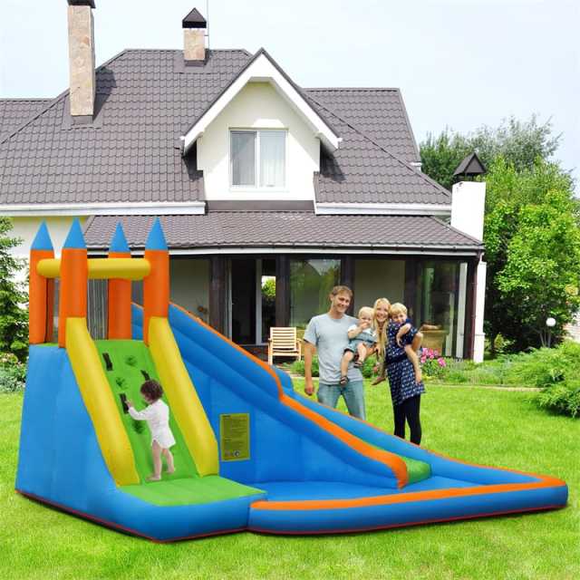 Inflatable Water Slide Mighty Bounce House Splash Pool Giant Bouncy Castle Waterslide Park with Climbing Wall & 480W Blower for Kids Backyard Party