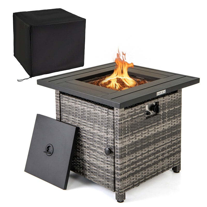 29" Wicker Rattan Propane Fire Pit Table 50,000 BTU Outdoor Square Fire Pit with Lava Rocks, Protective Cover, Heavy-Duty Metal Frame & Tabletop