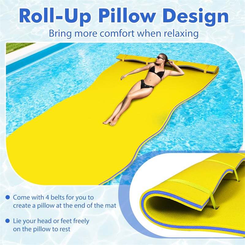 18' x 6' Floating Water Pad 3 Layer Tear-Resistant XPE Floating Foam Mat with Rolling Pillow for Lake Pool Beach Water Recreation