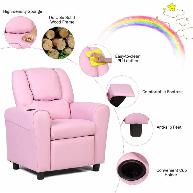 Kids Recliner Chair with Cup Holder, Armrests & Retractable Footrest, Children PU Leather Sofa Armchair, Ergonomic Toddler Room Furniture