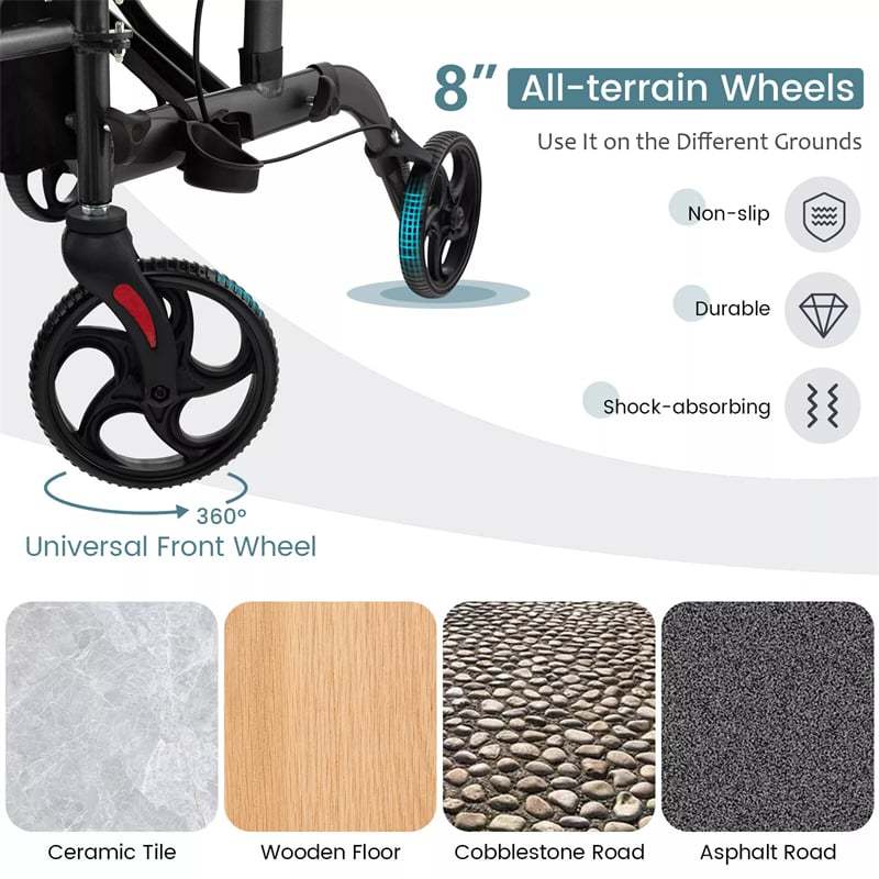 2-in-1 Folding Rollator Walker Wheelchair Combo with Backrest & Adjustable Height, 300lbs Aluminum Mobility Walking Aid for Seniors/Adults