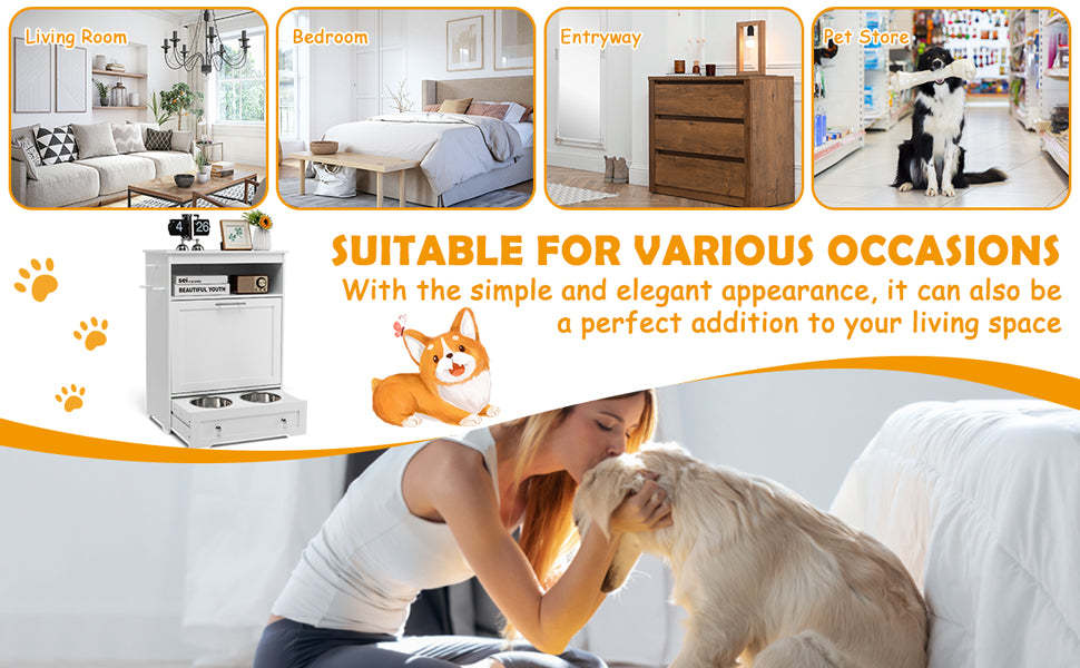 Modern Pet Feeding Station Furniture Dog Food Storage Cabinet with 2 Pull-out Dog Bowls for Watering and feeding Supplies