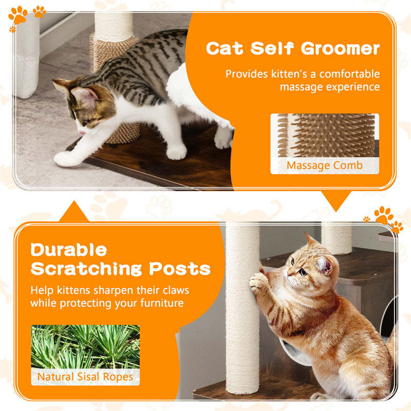 71" Tall Wood Modern Cat Tree Multi-Level Cat Tower with Plush Perch, Cozy Condo, Scratching Posts, Cushions & Cat Self Groomer